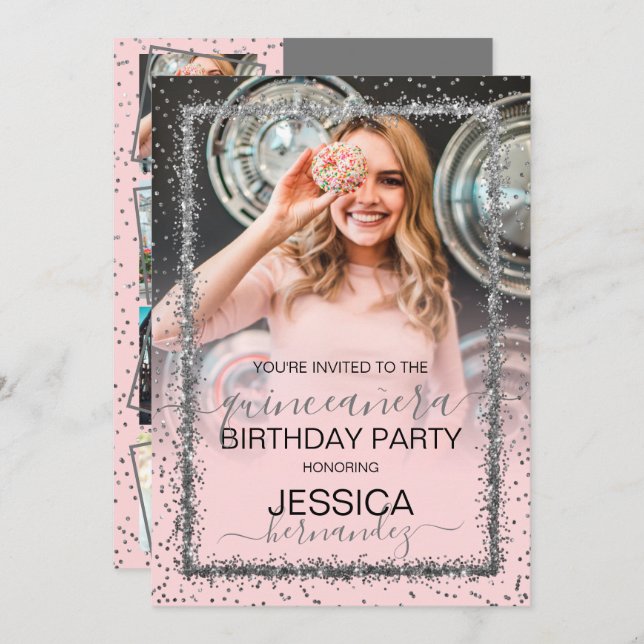 Pink Silver Confetti Border Photo Quinceañera Invitation (Front/Back)