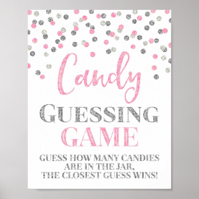 Pink Silver Confetti Candy Guessing Game Sign (Front)