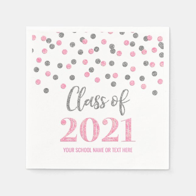 Pink Silver Confetti Class of 2021 Graduation Napkin (Front)