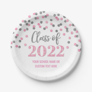 Pink Silver Confetti Graduation 2022 Paper Plate