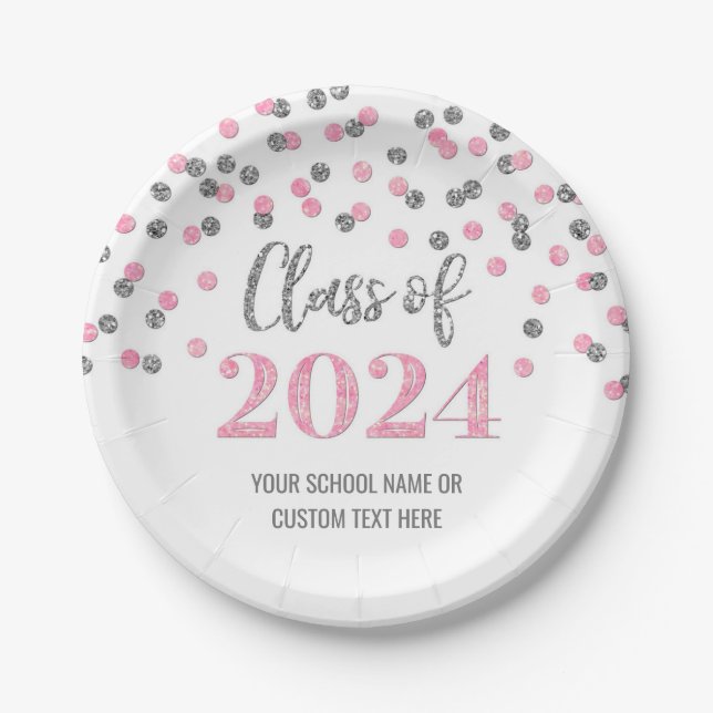 Pink Silver Confetti Graduation 2024 Paper Plate (Front)