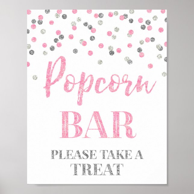 Pink Silver Confetti Popcorn Bar Sign (Front)