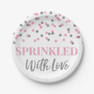 Pink Silver Confetti Sprinkled with Love Paper Plate