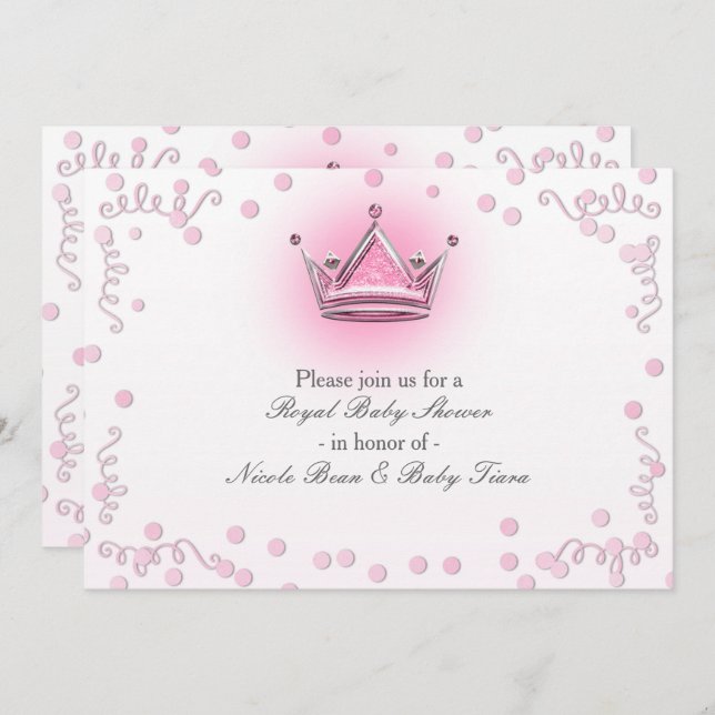 Pink & Silver Crown Party Confetti Invitation (Front/Back)