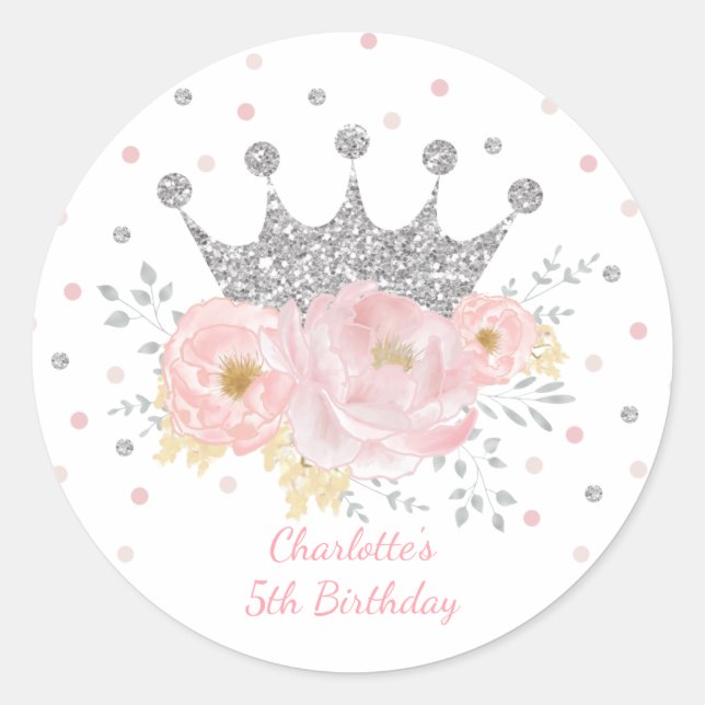 Pink Silver Crown Princess Floral Birthday Girl Classic Round Sticker (Front)