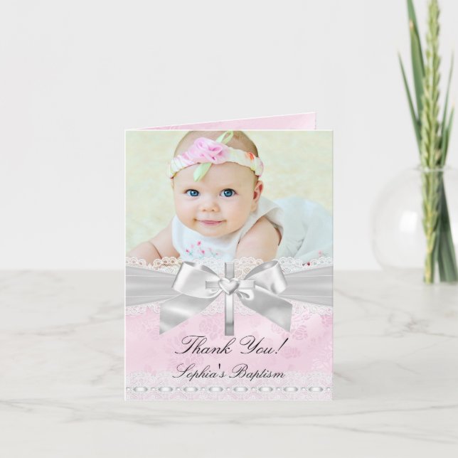 Pink Silver Damask Bow Baptism Thank You Card (Front)