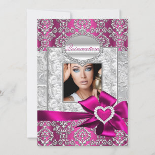 Pink & Silver Damask Quinceanera Announcements