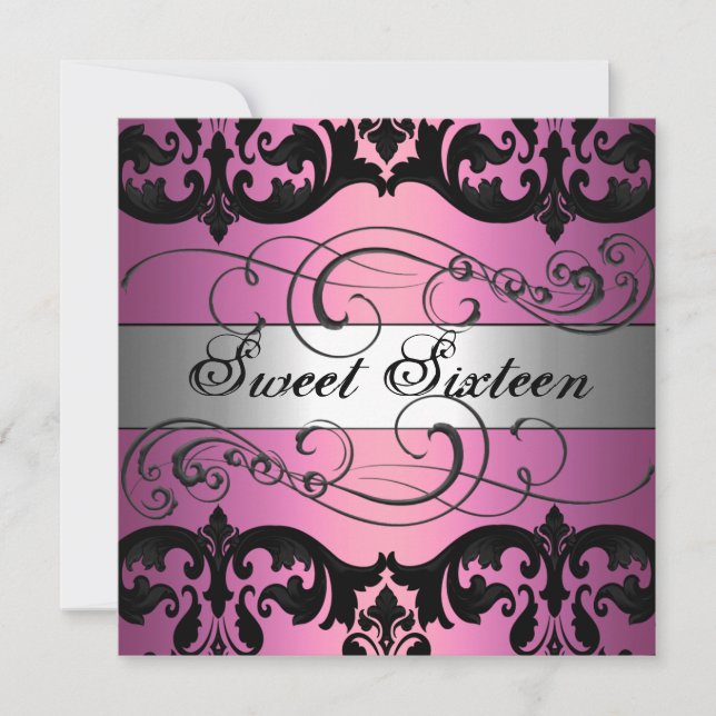 Pink & Silver Damask Sweet 16 Birthday Invitation (Front)