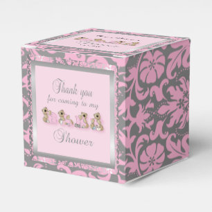 Pink & Silver Damask Teddy Bears Baby Shower Favour Box