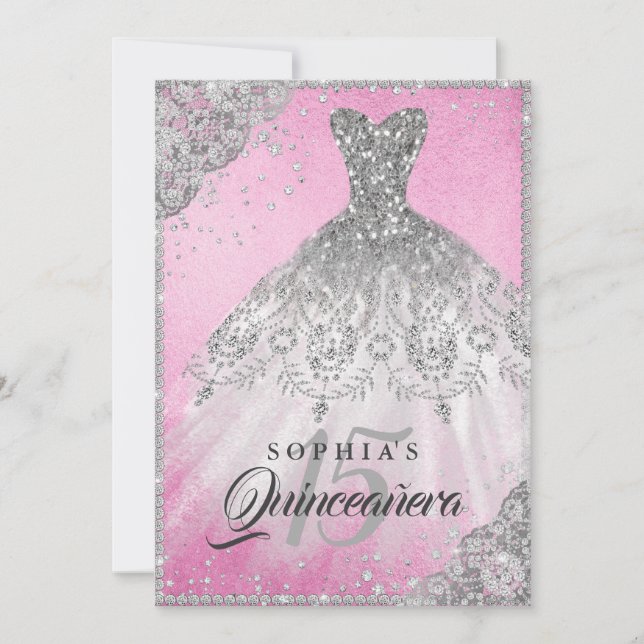 Pink Silver Diamond Lace Sparkle Gown Quinceanera Invitation (Front)