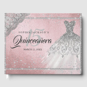 Pink Silver Diamond Sparkle Gown Quinceanera Guest Book