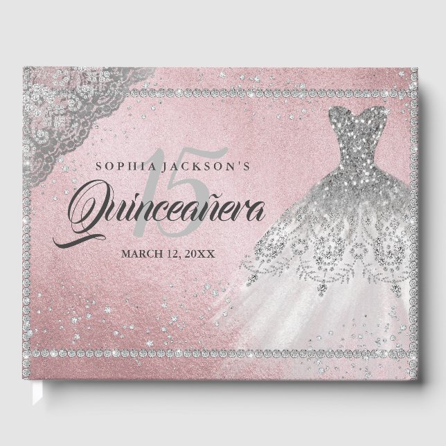 Pink Silver Diamond Sparkle Gown Quinceanera Guest Book (Front)