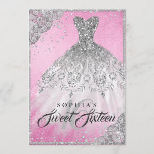 Pink Silver Diamond Sparkle Gown Sweet 16 Invitation