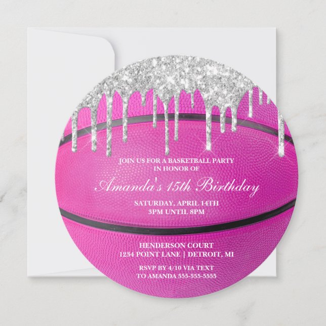 Pink Silver Drip Girls Basketball Invitation (Front)