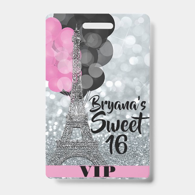 Pink Silver Eiffel Tower Balloons VIP Pass Badge ID Badge (Front)