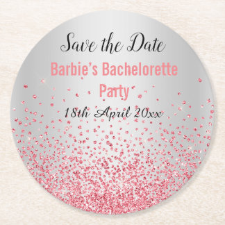 PINK SILVER ELEGANT SAVE THE DATE Bachelorette Round Paper Coaster