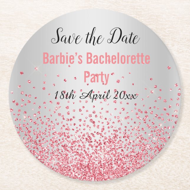 PINK SILVER ELEGANT SAVE THE DATE  Bachelorette Round Paper Coaster (Front)