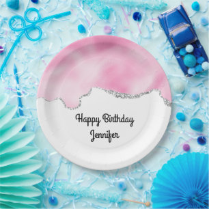 Pink & Silver Faux Glitter Border Stylish Birthday Paper Plate
