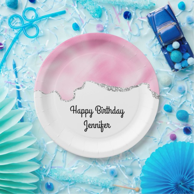 Pink & Silver Faux Glitter Border Stylish Birthday Paper Plate (Party)