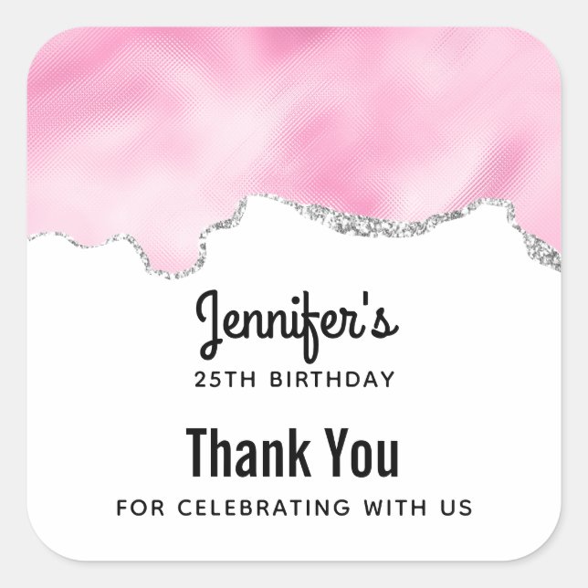 Pink & Silver Faux Glitter Border Stylish Birthday Square Sticker (Front)