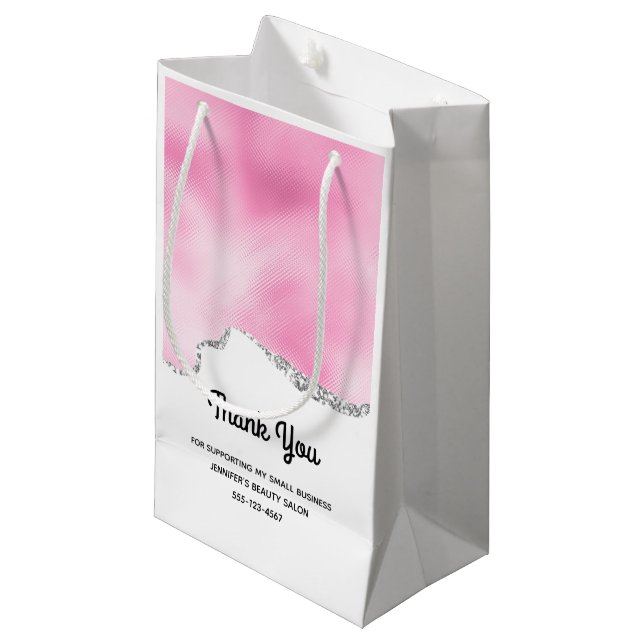 Pink & Silver Faux Glitter Border Stylish Business Small Gift Bag (Front Angled)
