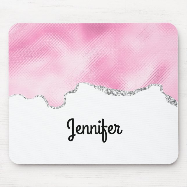Pink & Silver Faux Glitter Border Stylish Mouse Pad (Front)