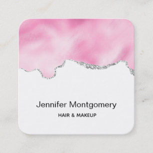 Pink & Silver Faux Glitter Border Stylish Square Business Card