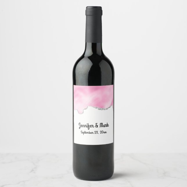 Pink & Silver Faux Glitter Border Stylish Wine Label (Front)