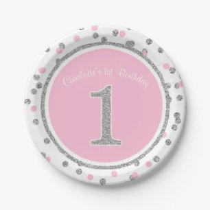 Pink Silver Faux Glitter Confetti 1st Birthday Paper Plate