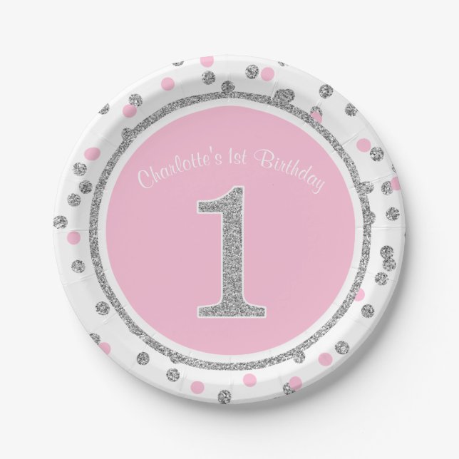 Pink Silver Faux Glitter Confetti 1st Birthday Paper Plate (Front)
