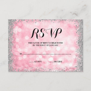 Pink Silver Faux Glitter Lights RSVP Card