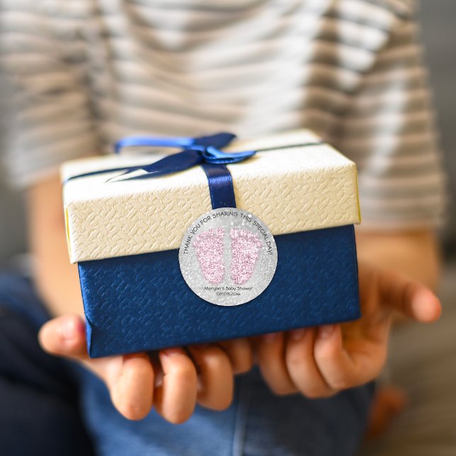 Pink Silver Feet Baby Shower Favour Thank Girl Boy Classic Round Sticker (Pink Silver Feet Baby Shower Favor Thank Girl Boy Classic Round Sticker)