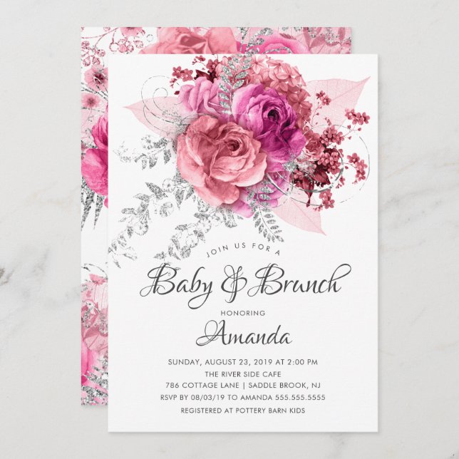 Pink & Silver Floral Baby & Brunch Shower Invitation (Front/Back)