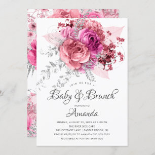 Pink & Silver Floral Baby & Brunch Shower Invitation