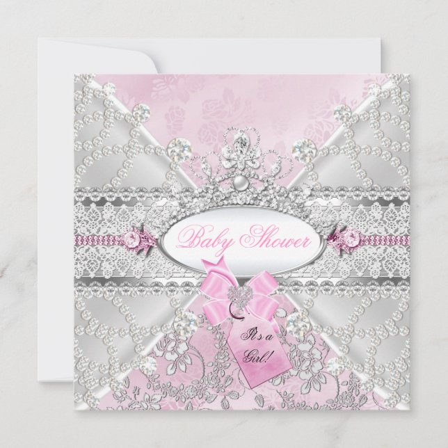 Pink Silver Floral Bow Baby Shower Diamonds Invitation (Front)