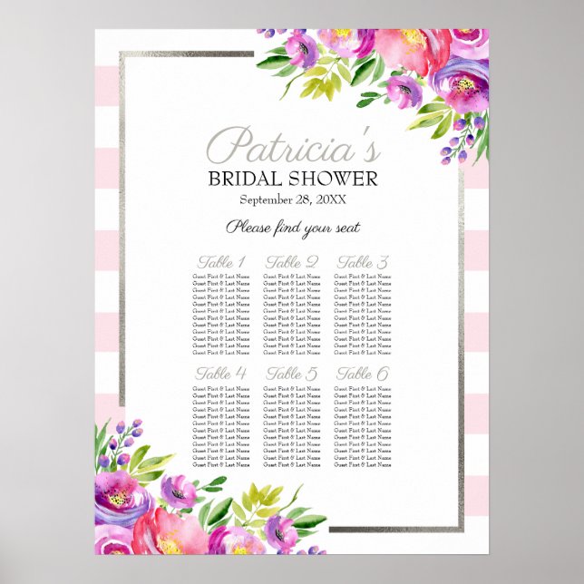 Pink & Silver Floral Bridal Shower Seating Chart (Front)
