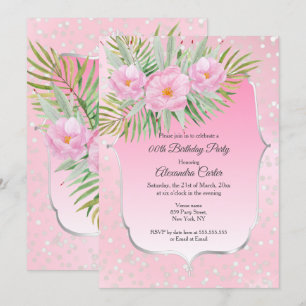 Pink Silver Floral Pretty Birthday Party Invitation