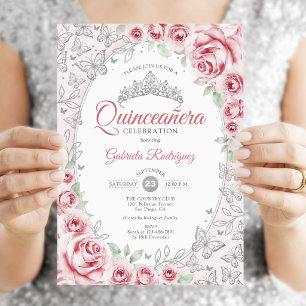 Pink Silver Floral Quinceanera Invitation