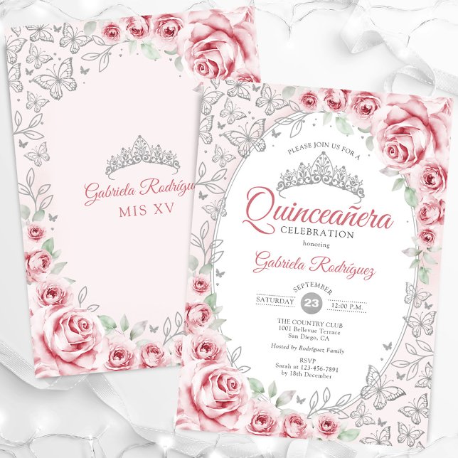 Pink Silver Floral Quinceanera Invitation (Creator Uploaded)
