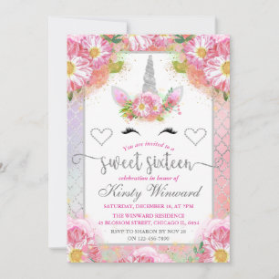 Pink & Silver Floral Unicorn Face Sweet 16 Invitation
