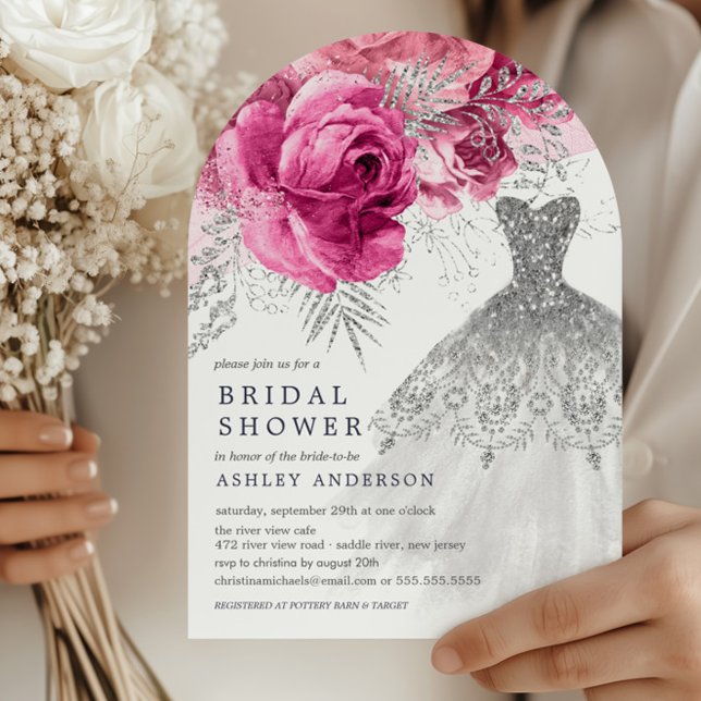 Pink & Silver Floral Wedding Dress Bridal Shower Invitation (Creator Uploaded)