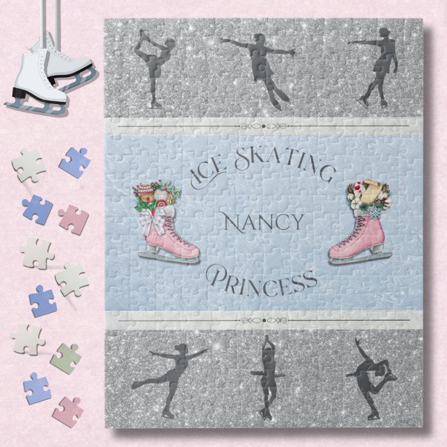 Pink Silver Girls Ice Skating Princess Jigsaw Puzzle (Give the gift of glittering fun with this beautiful Figure Skater Princess Jigsaw Puzzle)