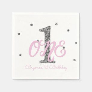 Pink & Silver Girls ONE 1st Birthday Party Napkin