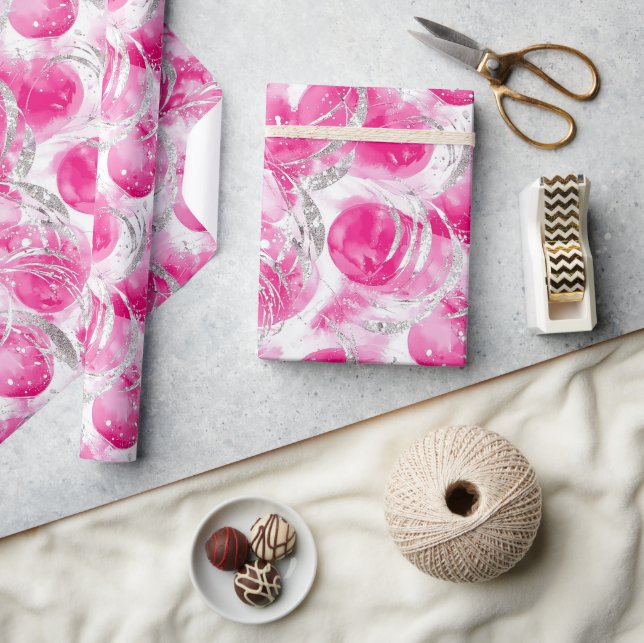 Pink Silver Glam Abstract Circles Christmas Wrapping Paper (Crafts)