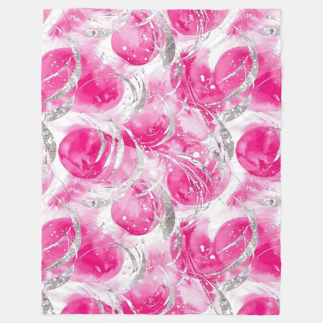 Pink Silver Glam Abstract Circles  Fleece Blanket (Front)