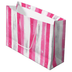 Pink Silver Glam Abstract Stripes Birthday Large Gift Bag