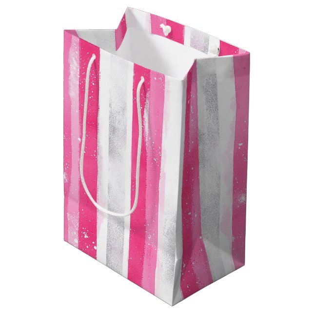 Pink Silver Glam Abstract Stripes Birthday Medium Gift Bag (Front Angled)