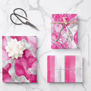Pink Silver Glam Abstract Stripes Christmas Wrapping Paper Sheet