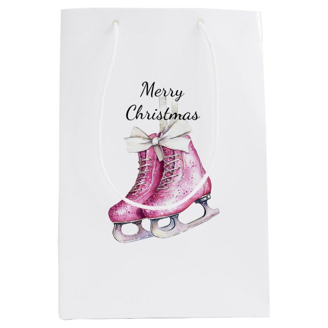 Pink Silver Glam Ice Skates Christmas  Medium Gift Bag (Front)