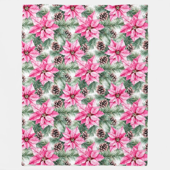 Pink Silver Glam Poinsettia Flowers Christmas Fleece Blanket (Front)